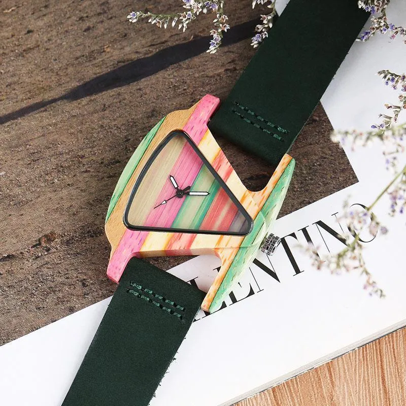 Women Wood Watches with leather band - Unique Colorful Wooden Triangle