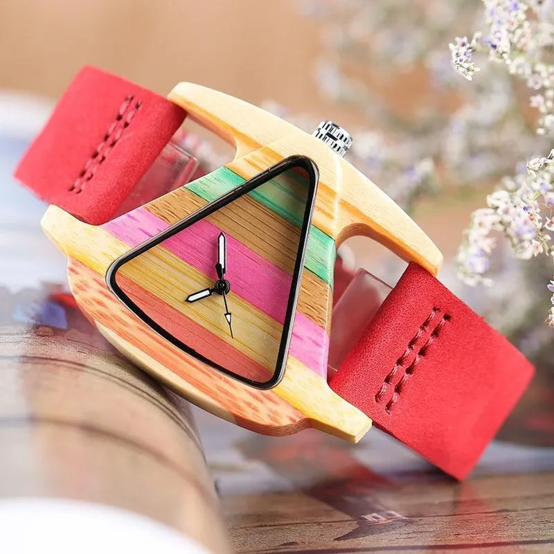 Women Wood Watches with leather band - Unique Colorful Wooden Triangle