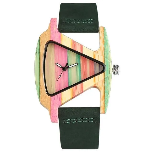 Women Wood Watches with leather band - Unique Colorful Wooden Triangle