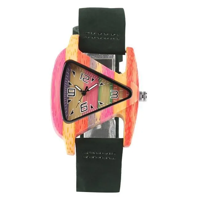 Women Wood Watches with leather band - Unique Colorful Wooden Triangle