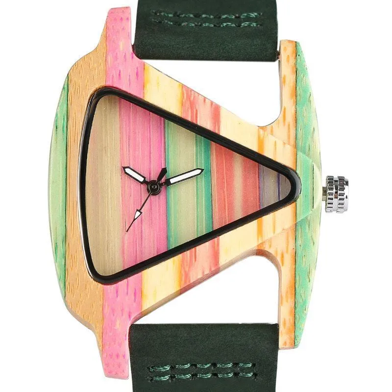 Women Wood Watches with leather band - Unique Colorful Wooden Triangle