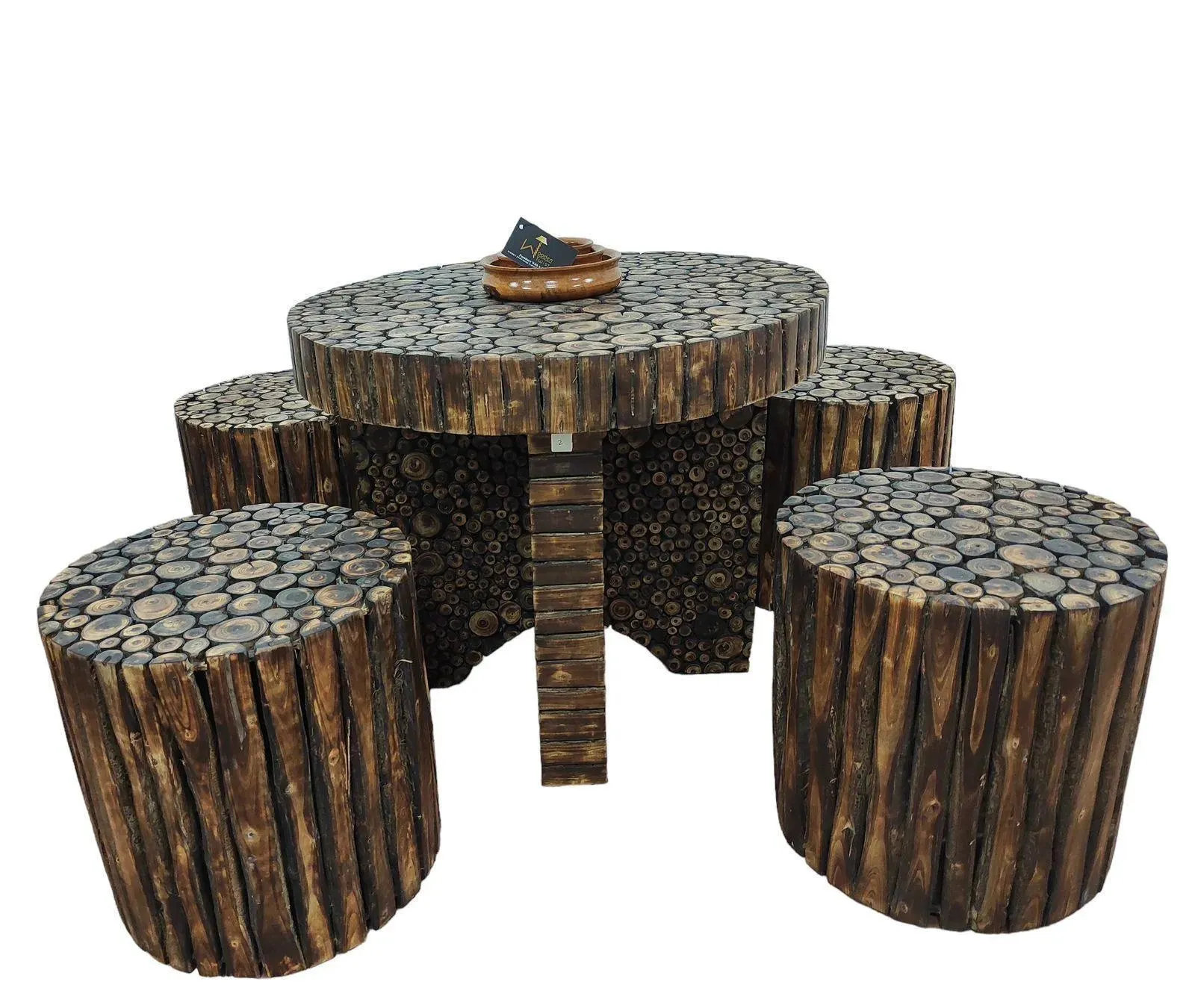 Wooden Twist Alba Antique Poplar Wood Round Coffee Table Set with 4 Stools Rustic Handcrafted Vintage Style Living for Room