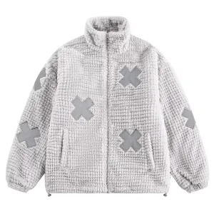 'X' Patch Embroidered Faux Fur Fleece Jacket