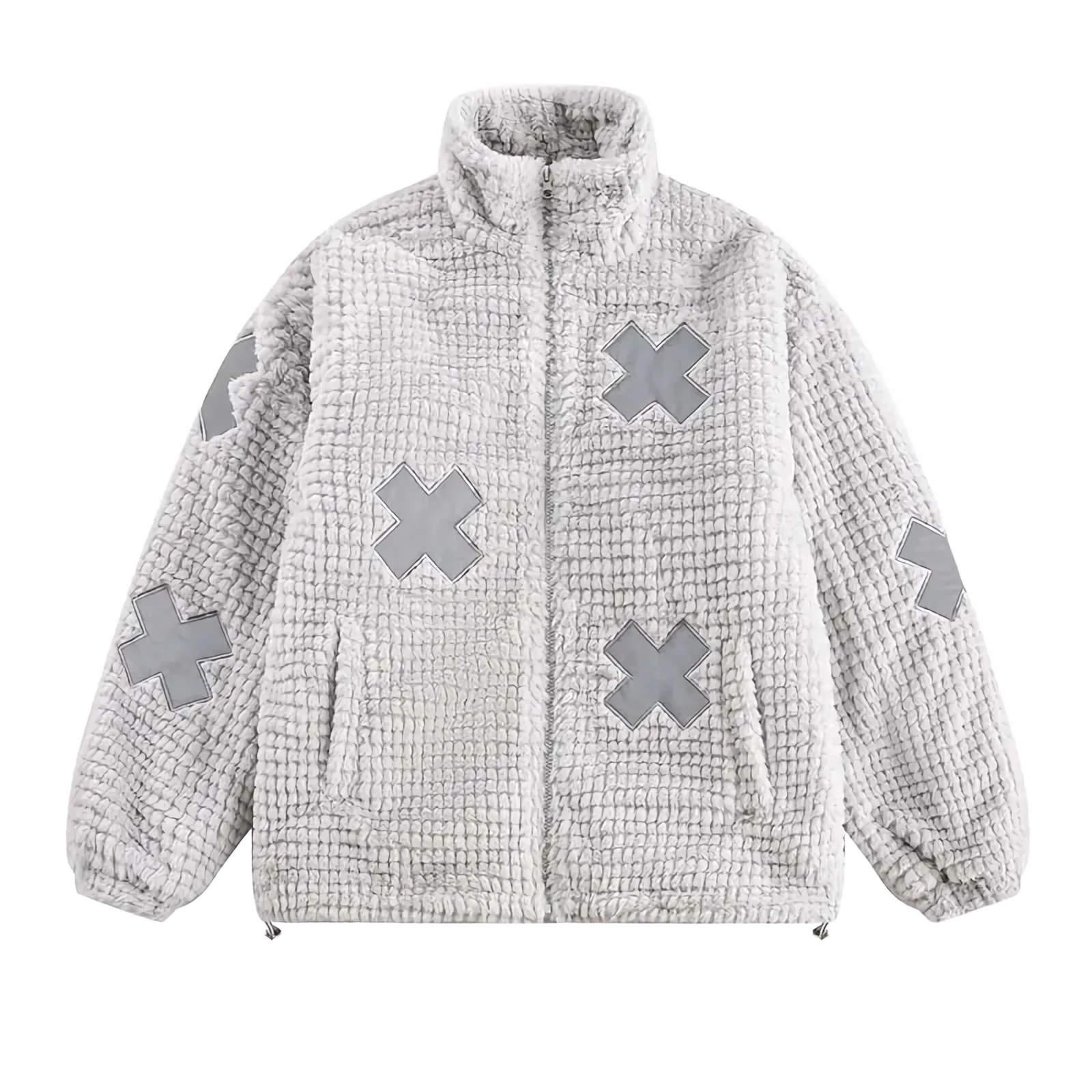 'X' Patch Embroidered Faux Fur Fleece Jacket